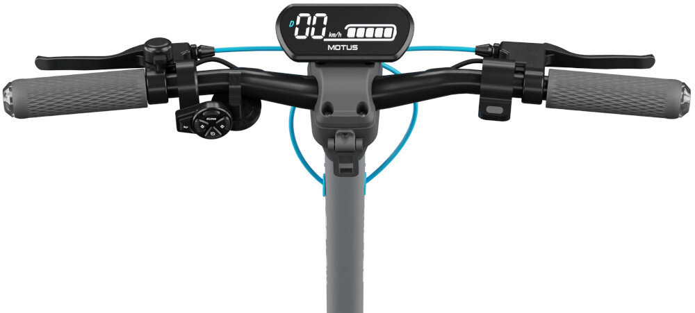 Hulajnoga elektryczna MOTUS Scooty 10 Max 80km 800W Amortyzacja 10 cali białe tło zbliżenie na kierownicę i wyświetlacz kierownica o wysokości 116 cm podróżowanie w wyprostowanej pozycji ciała intuicyjny wyświetlacz LCD wysoka rozdzielczość informacje w czasie rzeczywistym