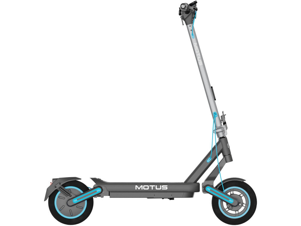 Hulajnoga elektryczna MOTUS Scooty 10 Max 80km 800W Amortyzacja 10 cali hulajnoga na białym tle widoczna z boku sygnał dźwiękowy komunikowanie się z innymi użytkownikami drogi Tempomat pozwala ustawić i utrzymywać stałą prędkość pojazdu zwiększenie bezpieczeństwa na drodze oszczędność energii
