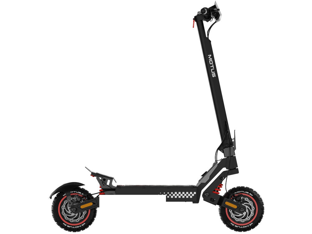 Czarna hulajnoga elektryczna z dużymi oponami i amortyzacją, z widocznym logo \'MOTUS\' na kierownicy. Posiada solidną konstrukcję i sportowy design.