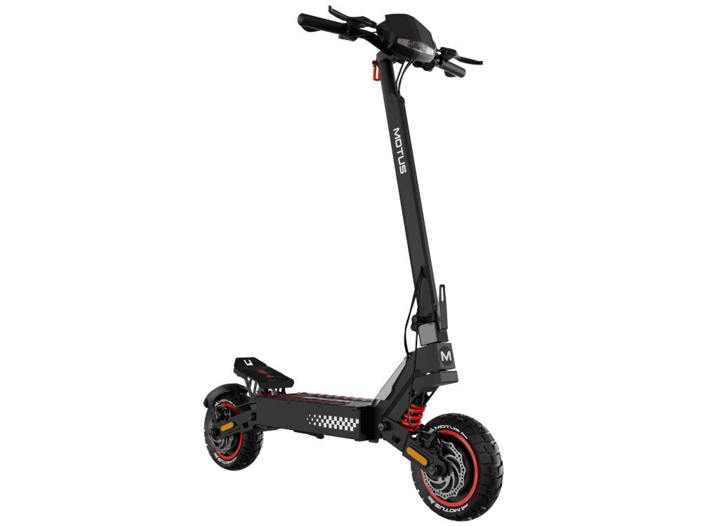 Czarna hulajnoga elektryczna z dużymi kołami i amortyzacją, z widocznym logo \'MOTUS\' na kierownicy i kolumnie kierowniczej. Na oponach widoczny jest napis \'DAYTONA\'.