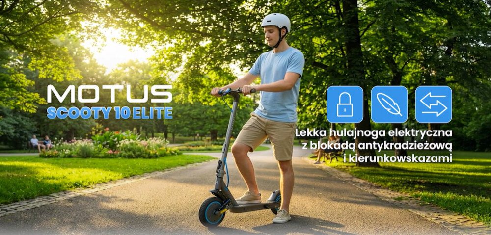 Osoba w kasku jedzie na elektrycznej hulajnodze po parku. Obok widoczny jest tekst: \'MOTUS SCOOTY 10 ELITE\' oraz \'Lekka hulajnoga elektryczna z blokadą antykradzieżową i kierunkowskazami\'.