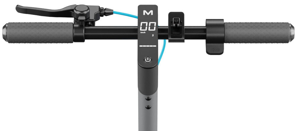 Kierownica hulajnogi elektrycznej z wyświetlaczem pokazującym \'00 km/h\' i symbolem \'M\'. Po bokach znajdują się gumowe uchwyty oraz dźwignia hamulca.