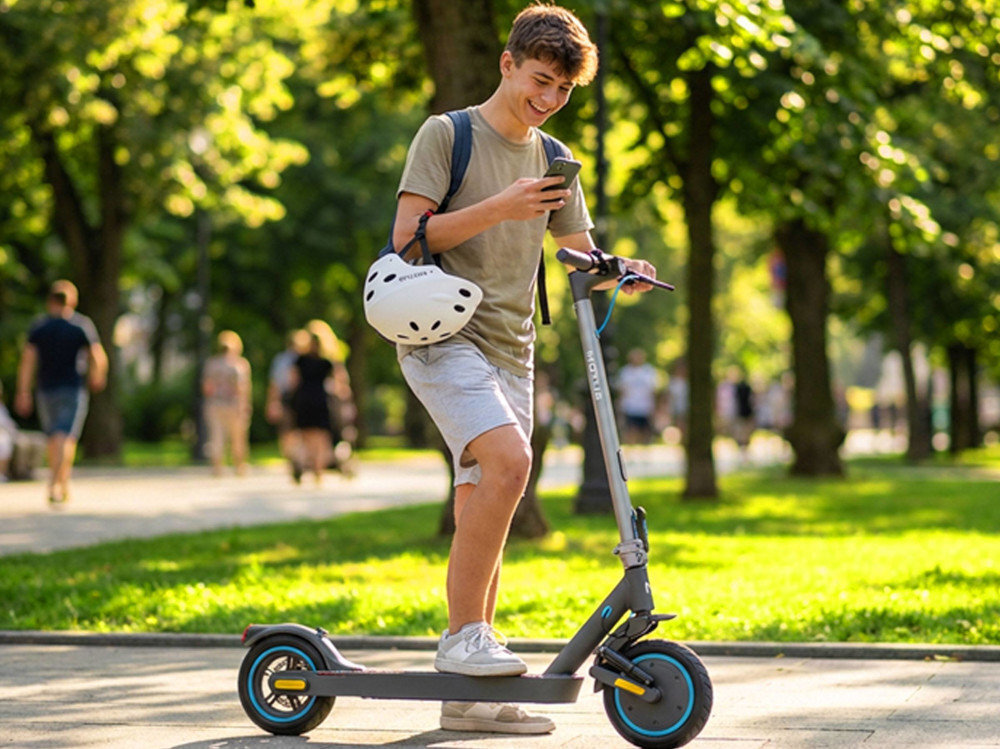 Osoba stoi na elektrycznej hulajnodze na tle parku, trzymając telefon w ręku. Na kierownicy widoczne jest logo \'MOTUS\'.
