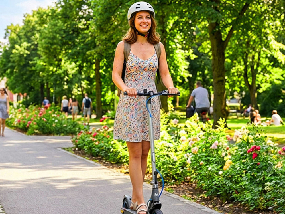 Osoba w kasku jedzie na hulajnodze elektrycznej po parku, otoczona zielenią i kwiatami. W tle widać innych ludzi spacerujących po alejkach.
