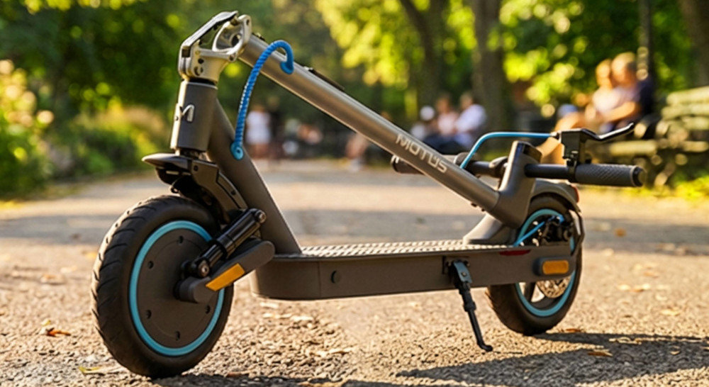 Hulajnoga elektryczna z widocznym napisem \'MOTUS\' na ramie, stoi na asfaltowej ścieżce w parku. W tle widać rozmyte sylwetki ludzi siedzących na ławce oraz drzewa.