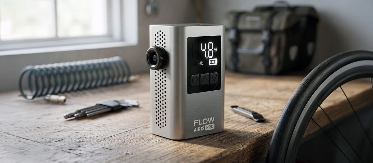 Na drewnianym stole znajduje się metaliczna pompka rowerowa z wyświetlaczem pokazującym \'4.0\' oraz przyciskami. Obok leży sprężyna, długopis i widać fragment koła rowerowego.