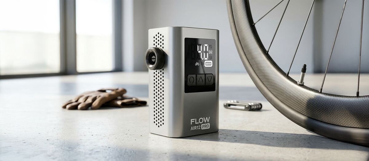 Na obrazie znajduje się pompka rowerowa z wyświetlaczem cyfrowym, na którym widoczny jest symbol ciśnienia i poziom naładowania baterii. Obok pompki leżą rękawiczki rowerowe i koło roweru.