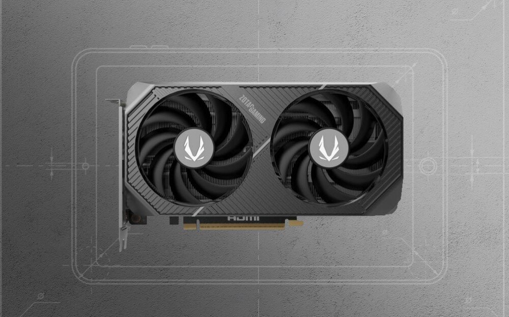 Komputer MAD DOG GeForce RTX5070 DLSS 4 Reflex Edition 2 AMIRANI-I01WR32WH karta graficzna z widocznymi dwoma wentylatorami leżąca poziomo na szarym tle z rysunkiem technicznym