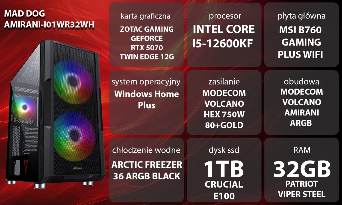 Komputer MAD DOG GeForce RTX5070 DLSS 4 Reflex Edition 2 AMIRANI-I01WR32WH Kobieta w słuchawkach siedząca przy biurku i grająca na komputerze z podświetlaną klawiaturą i monitorem, opis