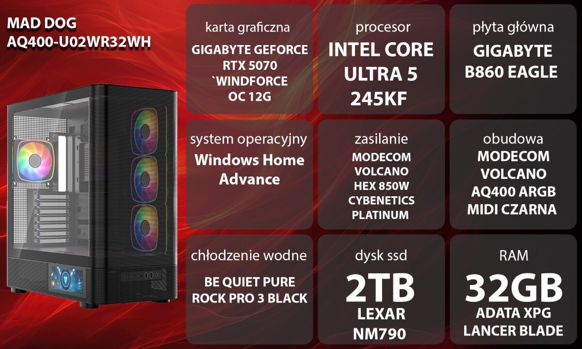 Komputer MAD DOG GeForce RTX5070 DLSS 4 Reflex Edition 2 AQ400-U02WR32WH Dwie czarne obudowy komputerowe o konstrukcji typu akwarium z przeszklonymi panelami, kolorowo podświetlonymi wentylatorami wewnątrz oraz małym ekranem LCD na dole przedniej części