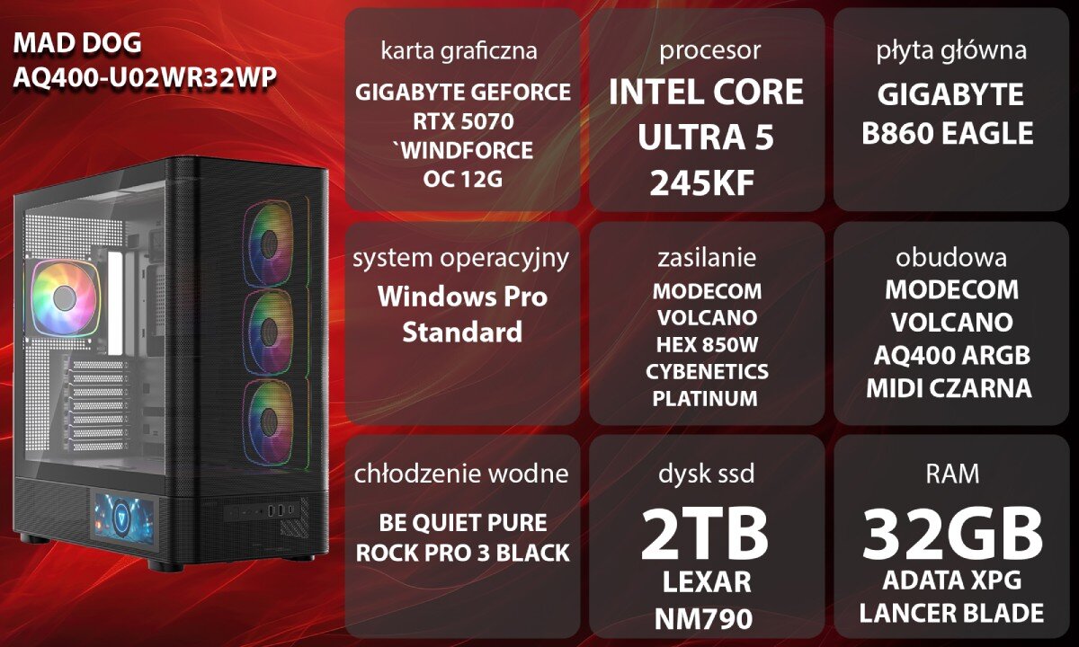 Komputer MAD DOG GeForce RTX5070 DLSS 4 Reflex Edition 2 AQ400-U02WR32WP Dwie czarne obudowy komputerowe o konstrukcji typu akwarium z przeszklonymi panelami, kolorowo podświetlonymi wentylatorami wewnątrz oraz małym ekranem LCD na dole przedniej części