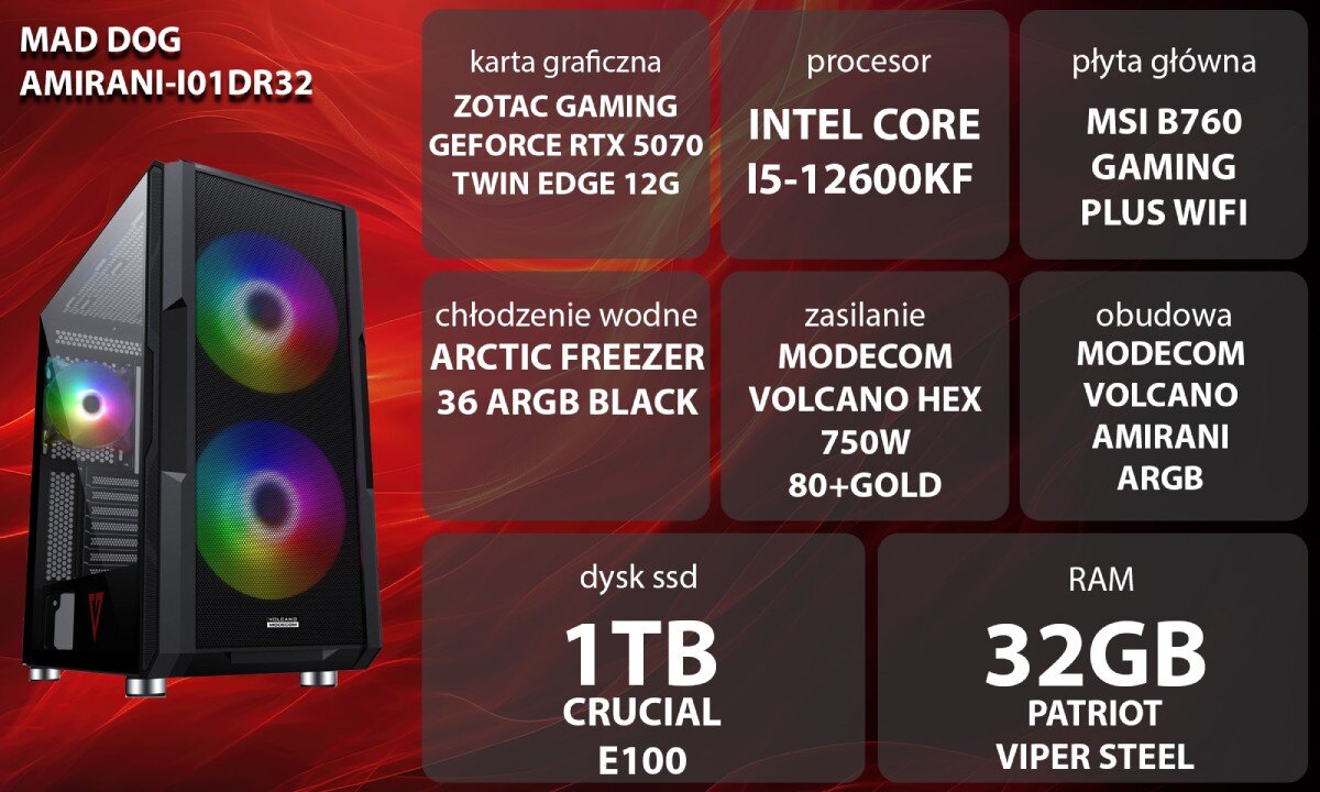Komputer MAD DOG GeForce RTX5070 DLSS 4 Reflex Edition 2 AMIRANI-I01DR32 Kobieta w słuchawkach siedząca przy biurku i grająca na komputerze z podświetlaną klawiaturą i monitorem, opis