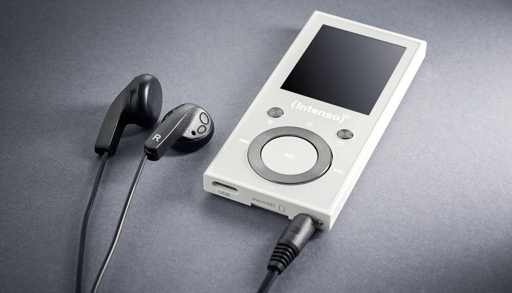 Odtwarzzacz MP3 INTENSO 64GB Video Scooter Bluetooth bezprzewodowe słuchawki połączenie z komputerem, słuchawki podłączone do odtwarzacza na blacie