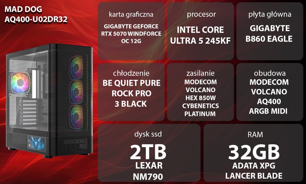 Komputer MAD DOG GeForce RTX5070 DLSS 4 Reflex Edition 2 AQ400-U02DR32 Dwie czarne obudowy komputerowe o konstrukcji typu akwarium z przeszklonymi panelami, kolorowo podświetlonymi wentylatorami wewnątrz oraz małym ekranem LCD na dole przedniej części