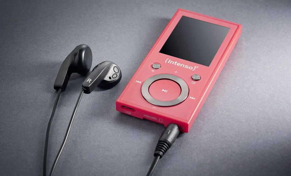 Odtwarzzacz MP3 INTENSO 64GB Video Scooter Bluetooth bezprzewodowe słuchawki połączenie z komputerem, słuchawki podłączone do odtwarzacza na blacie