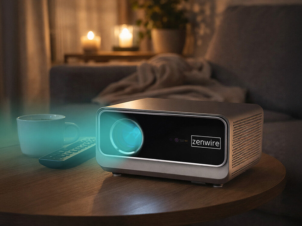 Projektor ZENWIRE PrimeView G60 1300 ANSI lumenów wysoki kontrast obraz w salonie, projektor stojący na stoliku