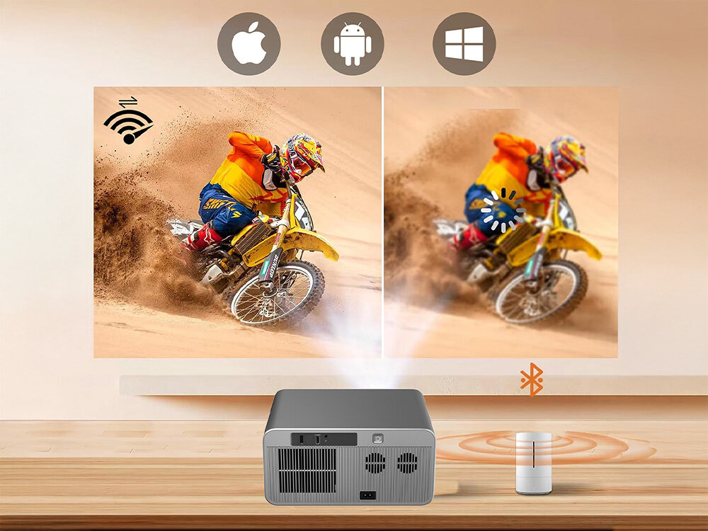 Projektor ZENWIRE PrimeView G60 Wi-Fi 6 Bluetooth bezprzewodowe przesyłanie obrazu, projektor stojący na stole wyświetlający obraz na ścianie