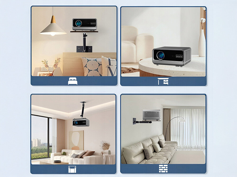 Projektor ZENWIRE PrimeView G60 montaż sufitowy ścienny statyw głośnik stereo 10W, różne pozycje montażu projektora