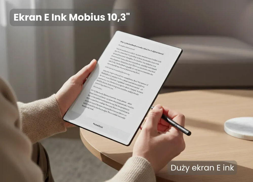 Czytnik e-booków POCKETBOOK InkPad One 10.3 cala, Podświetlany ekran, Wi-Fi, Bez reklam Czarny trzymany w dłoniach