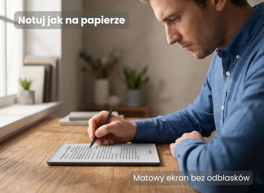 Czytnik e-booków POCKETBOOK InkPad One 10.3 cala, Podświetlany ekran, Wi-Fi, Bez reklam Czarny mężczyzna siedzący przy stole na stole czytnik ekran 10,3 cala, E Ink Mobius, czytanie PDF