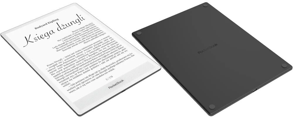 Czytnik e-booków POCKETBOOK InkPad One 10.3 cala, Podświetlany ekran, Wi-Fi, Bez reklam Czarny czytnik od przodu i tyłu na białym tle bateria 3700 mAh, długi czas pracy, oszczędność energii