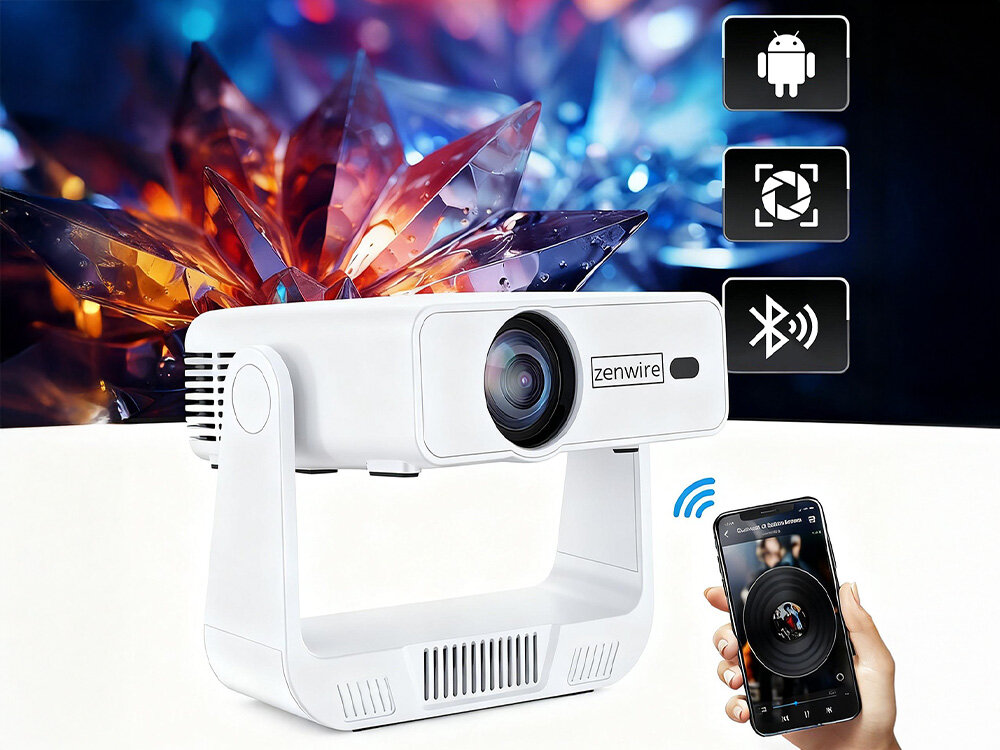 Projektor ZENWIRE PrimeView IMC260 Android 14 Wi-Fi 6 Bluetooth 5.0 funkcje smart, projektor po skosie , ręka trzymająca smartfon