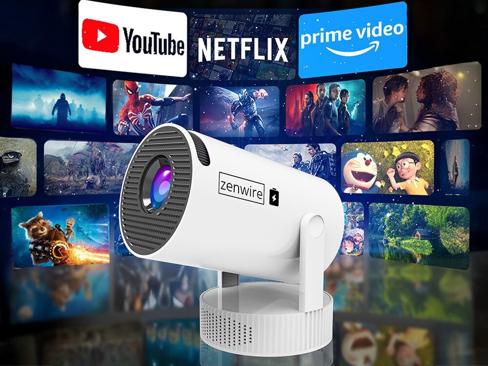 Na pierwszym planie znajduje się biały projektor z logo \'zenwire\'. W tle widoczne są logotypy YouTube, Netflix i Prime Video oraz miniatury różnych filmów i seriali.