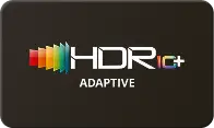 Logo HDR10+ Adaptive z kolorowym gradientem obok napisu na ciemnym tle.