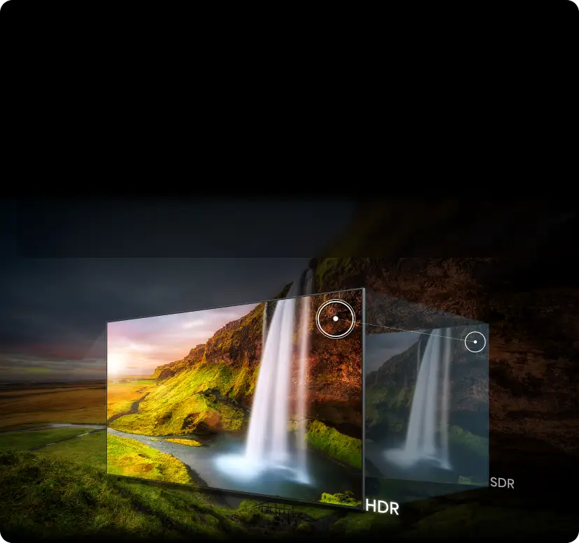 Obraz przedstawia porównanie jakości obrazu HDR i SDR na tle krajobrazu z wodospadem. Po lewej stronie widoczny jest jaśniejszy i bardziej kolorowy obraz HDR, a po prawej ciemniejszy obraz SDR z tekstem \'HDR\' i \'SDR\'.