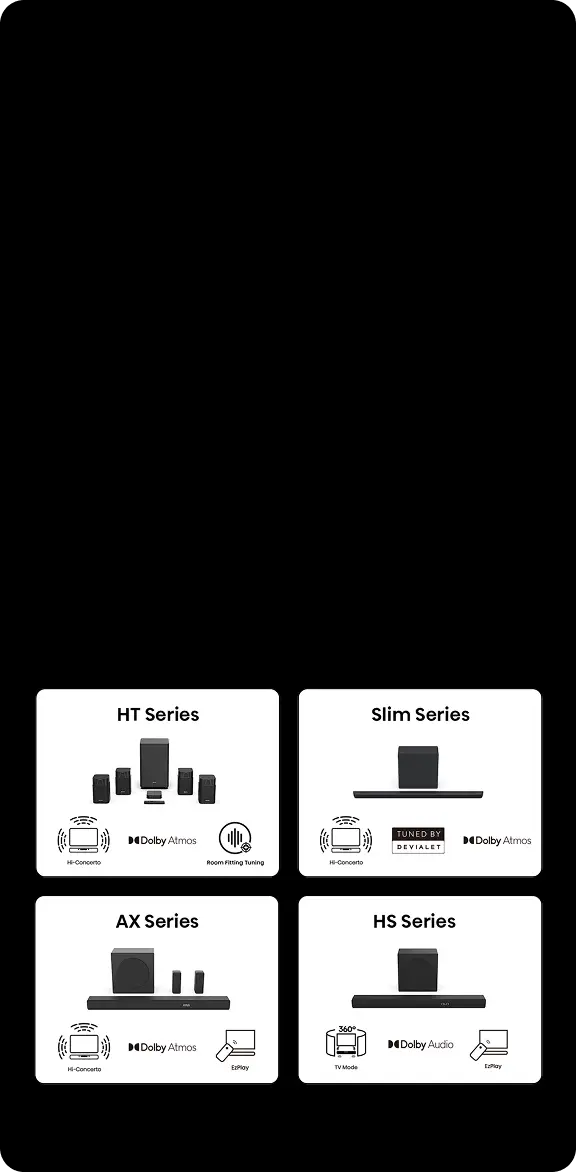 Obraz przedstawia cztery serie głośników: HT Series, Slim Series, AX Series i HS Series, z ikonami i napisami takimi jak Dolby Atmos, Dolby Audio, Hi-Concerto, Room Fitting Tuning, Tuned by Devialet, Enplay, TV Mode i LPSky.