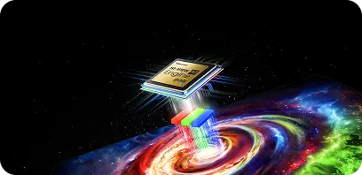 Obraz przedstawia procesor z napisem \'Hisense 8K AI Upscaler PRO\' unoszący się nad kolorowym wirującym wzorem przypominającym galaktykę.