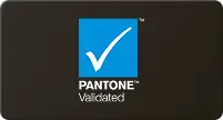Obraz przedstawia logo z niebieskim tłem i białym znakiem wyboru nad napisem \'PANTONE Validated\'.