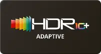 Logo HDR10+ Adaptive z kolorowym gradientem w tle na czarnym tle.