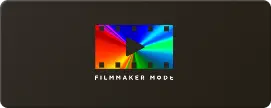 Kolorowy symbol z trójkątem na środku, przypominający kliszę filmową, z napisem \'FILMMAKER MODE\' poniżej.