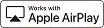 Czarno-biała ikona z napisem \'Works with Apple AirPlay\' oraz symbolem ekranu z trójkątem skierowanym w górę.