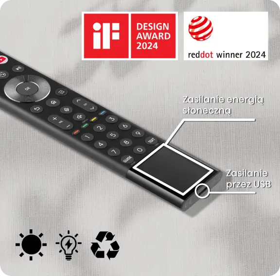 Na obrazie widoczny jest pilot z panelem do zasilania energią słoneczną i przez USB. W górnej części znajdują się logotypy \'iF DESIGN AWARD 2024\' oraz \'reddot winner 2024\'.