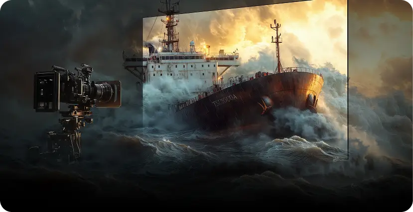 Obraz przedstawia statek na wzburzonym morzu, częściowo widoczny na ekranie telewizora. Obok znajduje się profesjonalna kamera filmowa.