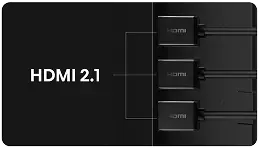 Obraz przedstawia trzy kable HDMI podłączone do portów, obok widoczny jest napis \'HDMI 2.1\'.
