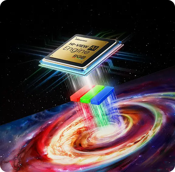 Obraz przedstawia chip z napisem \'Hisense Hi-View Engine RGB\', z którego wychodzą kolorowe promienie RGB w stronę wirującej galaktyki.