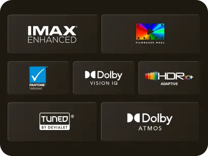 Obraz przedstawia sześć logo technologii: IMAX Enhanced, Filmmaker Mode, Pantone Validated, Dolby Vision IQ, HDR Adaptive, Tuned by Devialet, oraz Dolby Atmos.