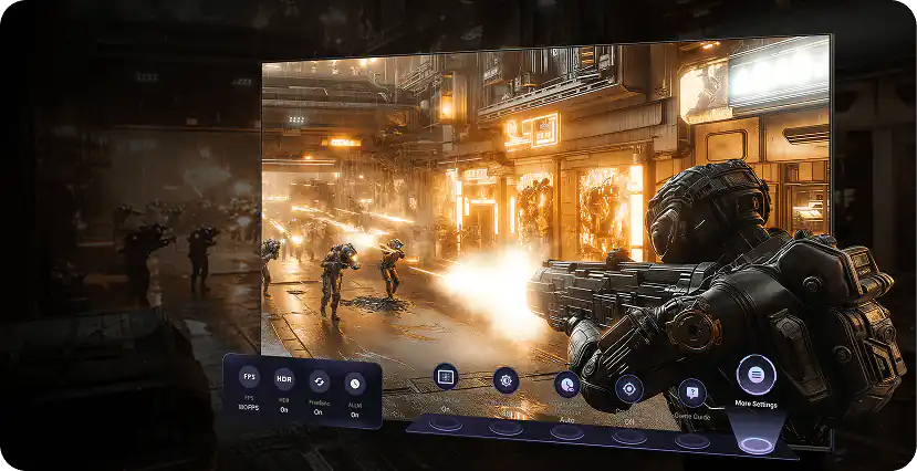 Telewizor wyświetla dynamiczną scenę z gry wideo, przedstawiającą postacie w futurystycznym otoczeniu z bronią. Na ekranie widoczne są ikony ustawień, takie jak HDR, FPS i inne opcje.