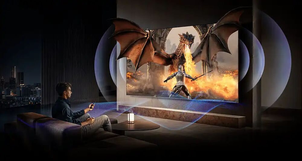 Telewizor HISENSE 55UR8S IMAX Enhanced DTS jakość obrazu i dźwięku kinowego, telewizor zawieszony na ścianie w pomieszczeniu