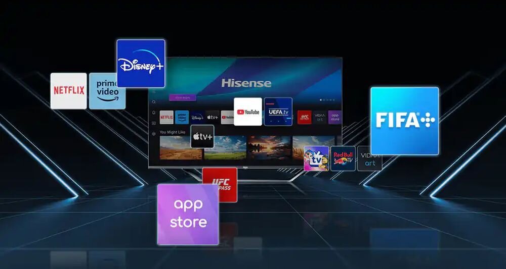 Telewizor HISENSE 55UR8S system VIDAA DeviantArt galeria sztuki, telewizor od frontu na ciemnym tle