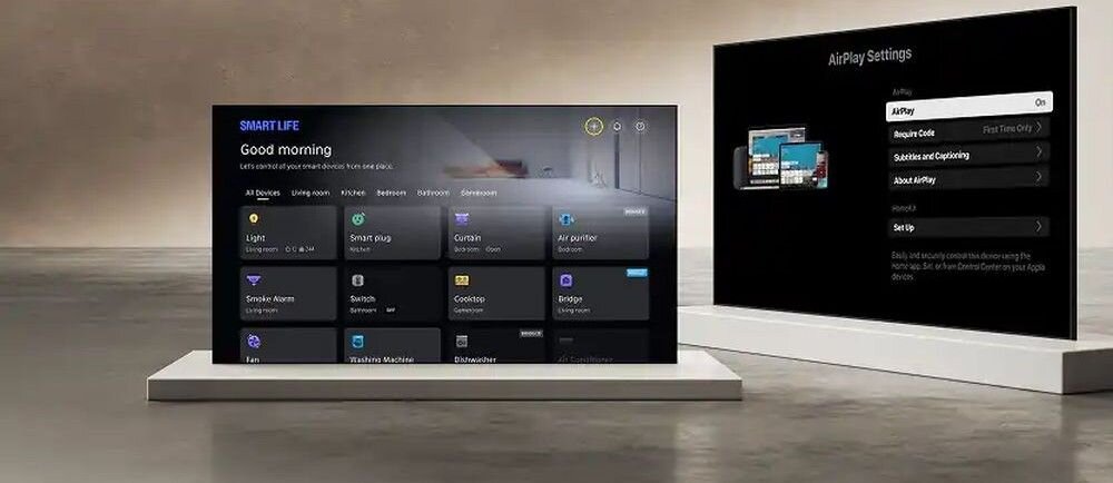 Telewizor HISENSE 55UR8S Smart Home Ready VIDAA Google Home Apple Home Matter, telewizor stojący na postumencie
