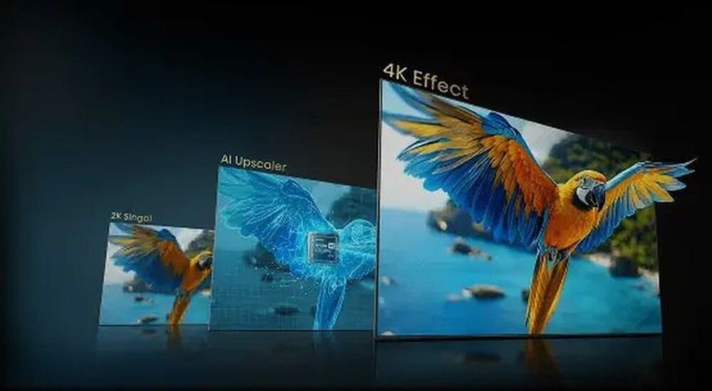 Telewizor HISENSE 55UR8S AI 4K Upscaler skalowanie obrazu do jakości 4K, trzy ekrany telewizora na ciemnym tle