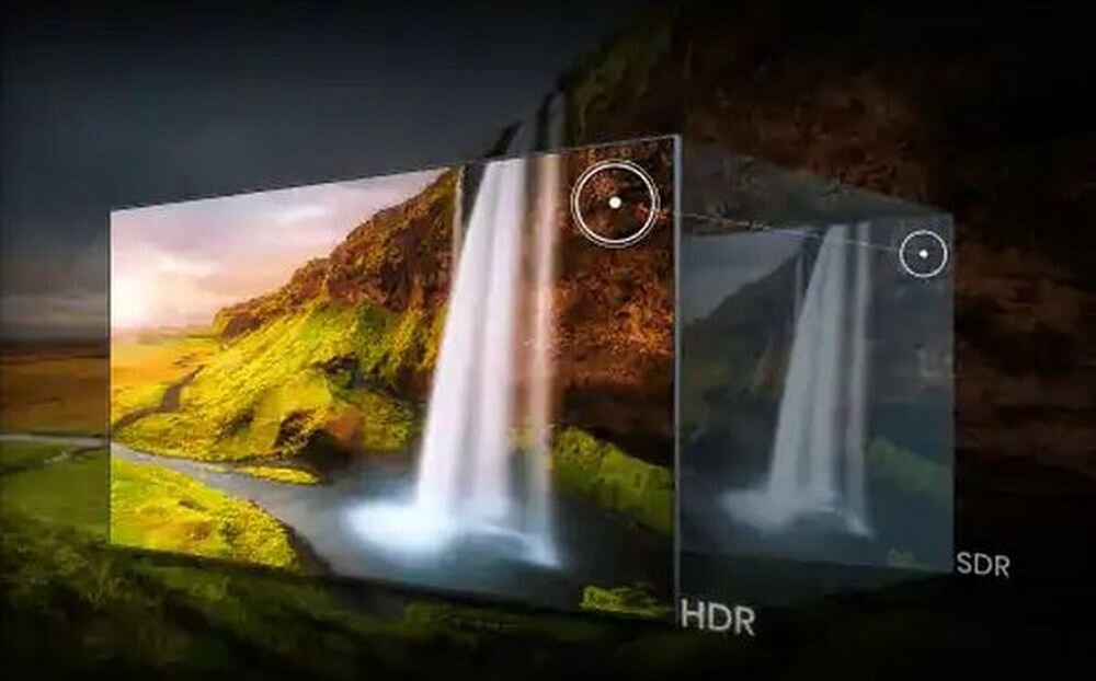 Telewizor HISENSE 55UR8S AI HDR Upscaler poprawa kontrastu kolorów i szczegółów, dwa ekrany telewizora na tle krajobrazu