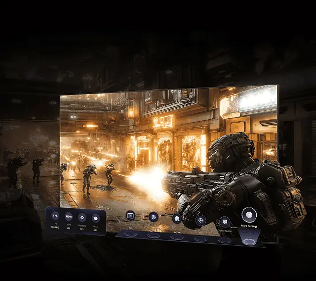 Telewizor wyświetla dynamiczną scenę z gry wideo, przedstawiającą futurystyczne miasto i postacie w zbrojach. Na ekranie widoczne są ikony ustawień, takie jak HDR i VRR.