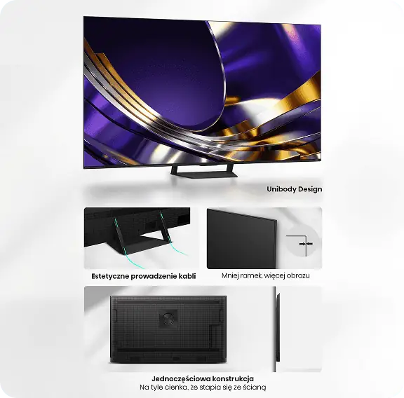 Obraz przedstawia telewizor z kolorowym ekranem i napisem \'Unibody Design\'. Poniżej znajdują się trzy mniejsze zdjęcia z napisami: \'Estetyczne prowadzenie kabli\', \'Mniej ramek więcej obrazu\' oraz \'Jednoczęściowa konstrukcja Na tyle cienka, że stapia się ze ścianą\'.