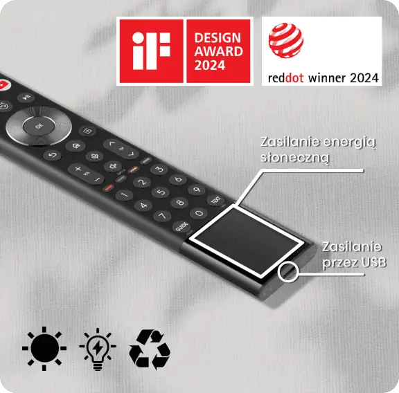 Na obrazie widoczny jest pilot zdalnego sterowania z panelem do zasilania energią słoneczną i przez USB. W górnej części znajdują się logotypy \'iF DESIGN AWARD 2024\' oraz \'reddot winner 2024\'.