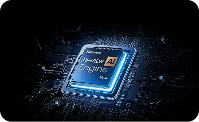 Obraz przedstawia układ scalony z napisem \'Hi-View AI Engine Pro\' otoczony niebieskim światłem. W tle widoczne są ścieżki obwodu drukowanego.